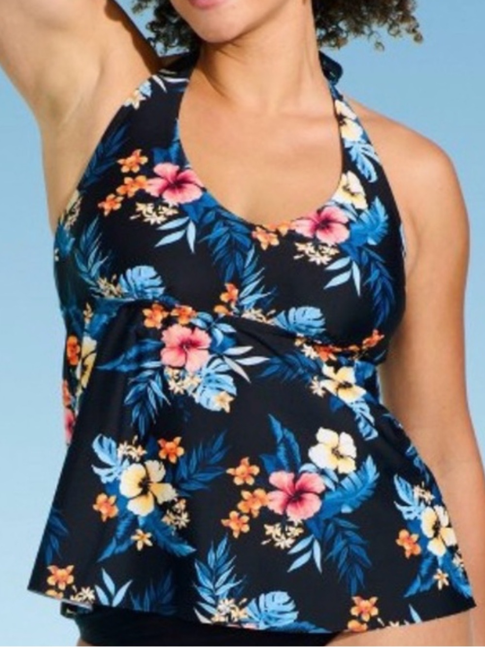 Lands' End Black Floral Halter Tankini Swim Top, Size S, NWT